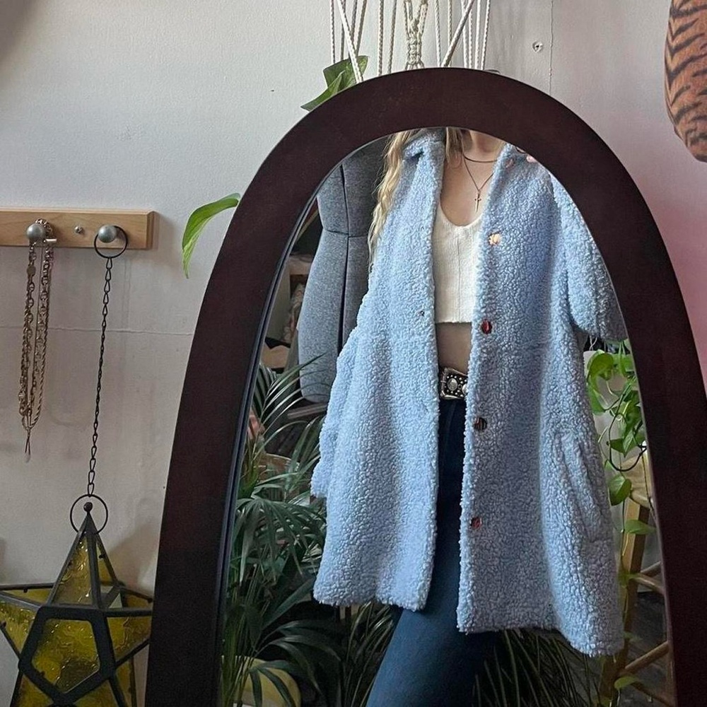 Soft Surroundings Baby Blue Sherpa Rose Gold Button Up Coat